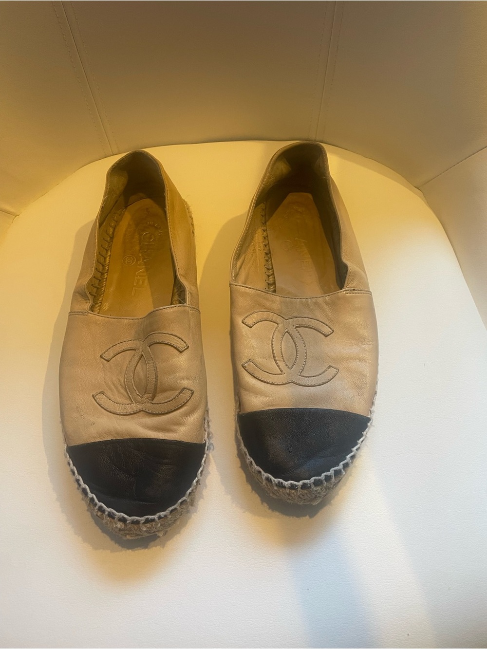 CHANEL Two-Tone Leather Espadrille Flats in Beige and Black